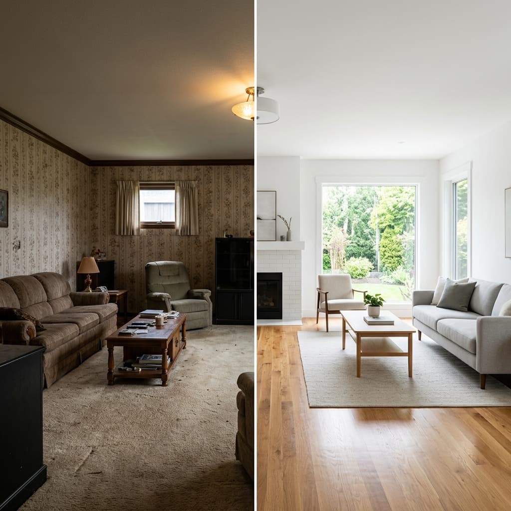 Wohnzimmer-Renovierung — Vorher und Nachher